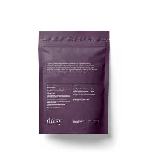 Image of the back of the packaging of morning relief by daisy in blackcurrant and ginger